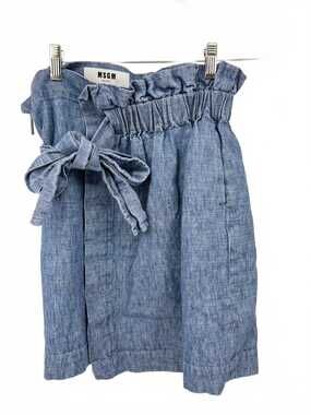 MSGM Denim Belted Skirt | Cotton-Linen, OS Regular Bow Accent
